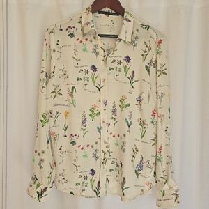 Zara Basics, Size XL, Chic Ivory Botanical Print Blouse